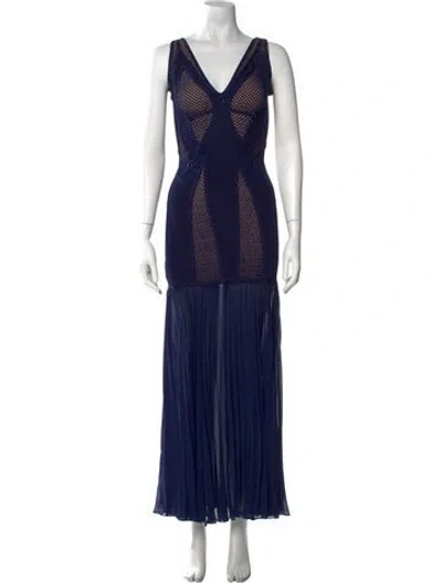 Pre-owned Herve Leger V-neck Long Dress In Blue