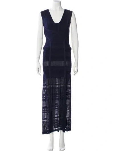 Pre-owned Herve Leger V-neck Long Dress In Blue