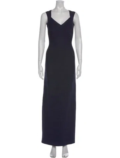 Pre-owned Herve Leger V-neck Long Dress In Blue