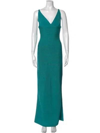 Pre-owned Herve Leger V-neck Long Dress In Blue