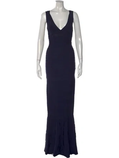 Pre-owned Herve Leger V-neck Long Dress In Blue