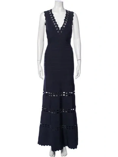 Pre-owned Herve Leger V-neck Long Dress In Blue