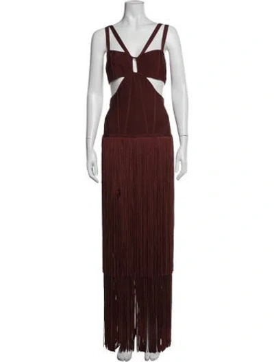 Pre-owned Herve Leger V-neck Long Dress In Brown