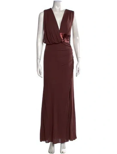 Pre-owned Herve Leger V-neck Long Dress In Brown/burgundy
