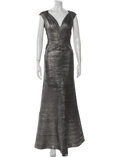 Pre-owned Herve Leger V-neck Long Dress In Gray