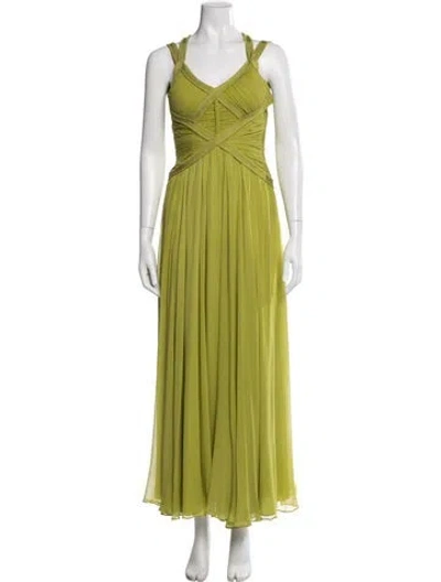 Pre-owned Herve Leger V-neck Long Dress In Green