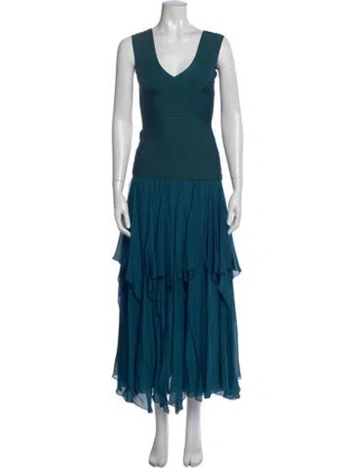 Pre-owned Herve Leger V-neck Long Dress In Green