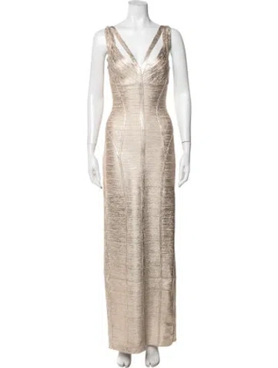 Pre-owned Herve Leger V-neck Long Dress In Metallic/neutrals