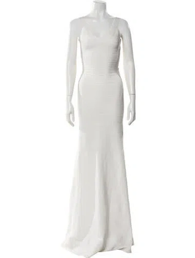 Pre-owned Herve Leger V-neck Long Dress In Neutral