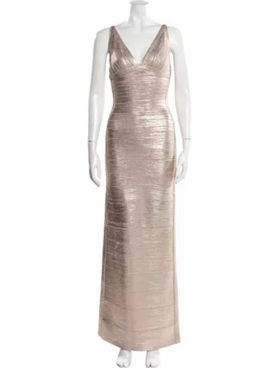 Pre-owned Herve Leger V-neck Long Dress In Neutral