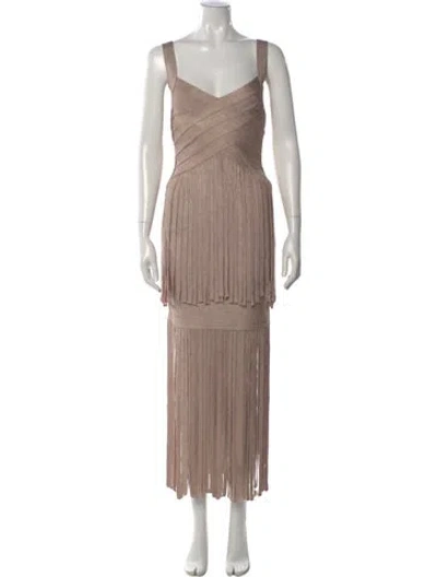 Pre-owned Herve Leger V-neck Long Dress In Neutral