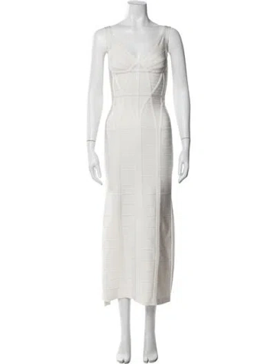 Pre-owned Herve Leger V-neck Long Dress In Neutrals