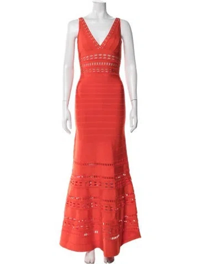 Pre-owned Herve Leger V-neck Long Dress In Orange