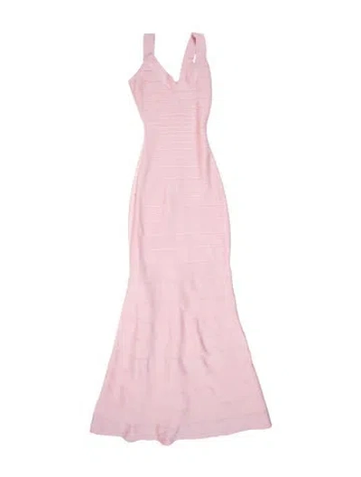 Pre-owned Herve Leger V-neck Long Dress In Pink