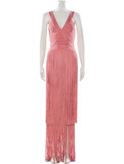 Pre-owned Herve Leger V-neck Long Dress In Pink