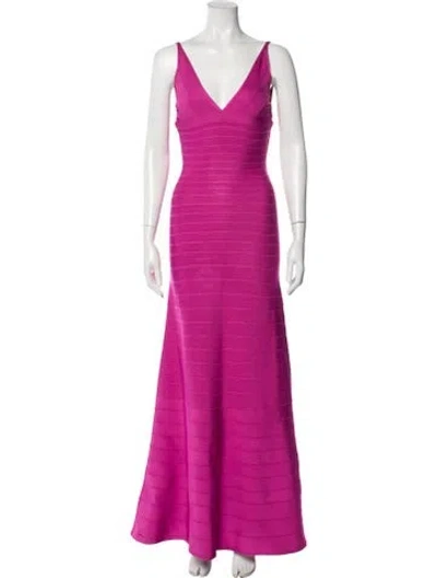 Pre-owned Herve Leger V-neck Long Dress In Pink