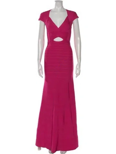 Pre-owned Herve Leger V-neck Long Dress In Pink