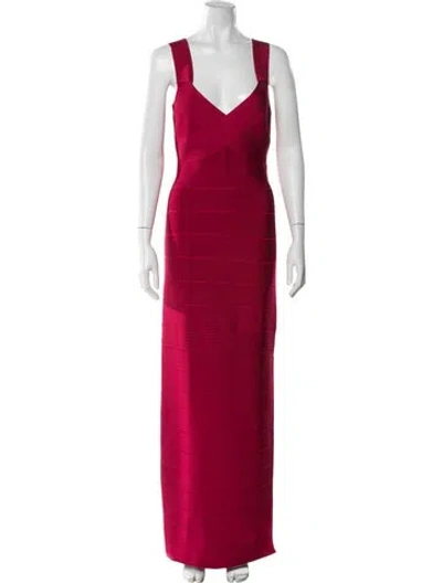 Pre-owned Herve Leger V-neck Long Dress In Pink
