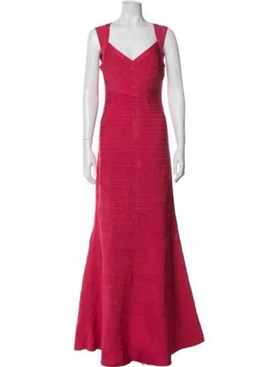 Pre-owned Herve Leger V-neck Long Dress In Pink