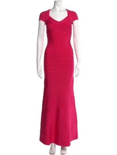 Pre-owned Herve Leger V-neck Long Dress In Pink