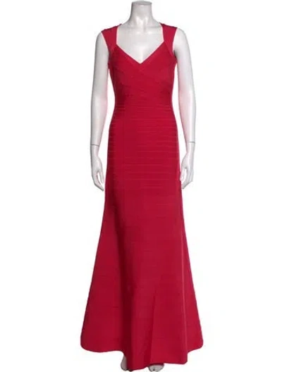 Pre-owned Herve Leger V-neck Long Dress In Pink