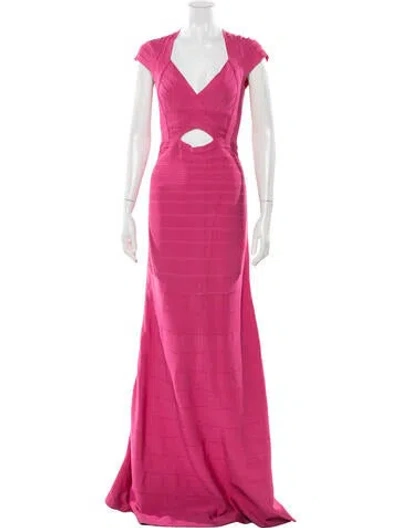 Pre-owned Herve Leger V-neck Long Dress In Pink