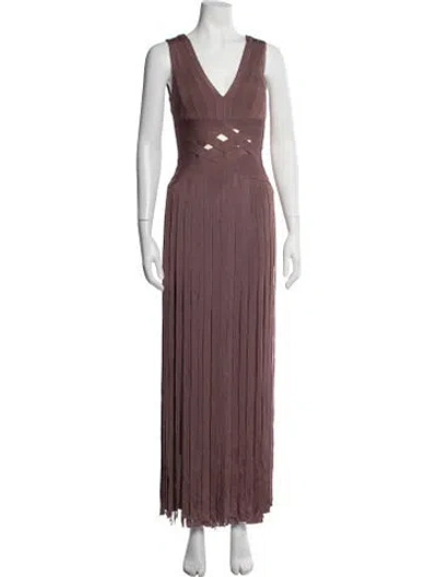 Pre-owned Herve Leger V-neck Long Dress In Pink
