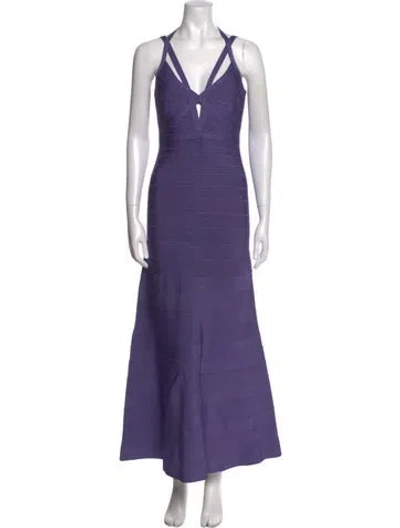 Pre-owned Herve Leger V-neck Long Dress In Purple