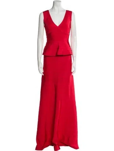 Pre-owned Herve Leger V-neck Long Dress In Red