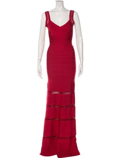 Pre-owned Herve Leger V-neck Long Dress In Red