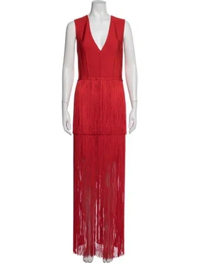 Pre-owned Herve Leger V-neck Long Dress In Red