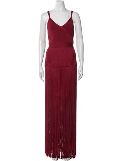 Pre-owned Herve Leger V-neck Long Dress In Red