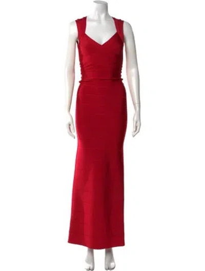 Pre-owned Herve Leger V-neck Long Dress In Red