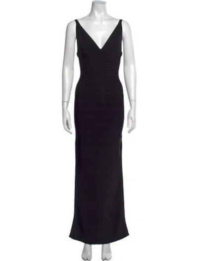 Pre-owned Herve Leger V-neck Long Dress W/ Tags In Black