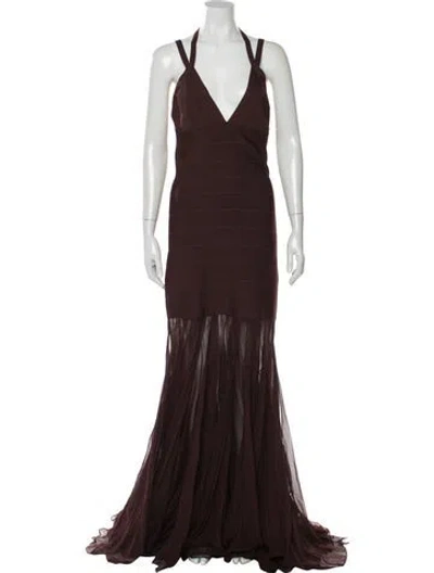 Pre-owned Herve Leger V-neck Long Dress W/ Tags In Brown