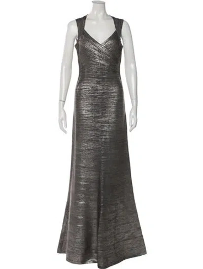 Pre-owned Herve Leger V-neck Long Dress W/ Tags In Gray