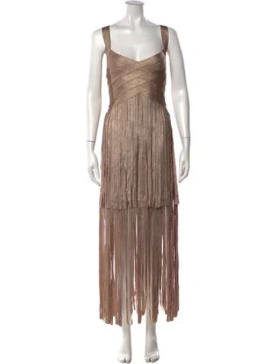 Pre-owned Herve Leger V-neck Long Dress W/ Tags In Metallic/neutrals