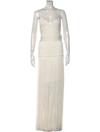 Pre-owned Herve Leger V-neck Long Dress In White