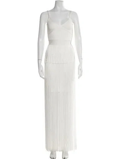 Pre-owned Herve Leger V-neck Long Dress In White