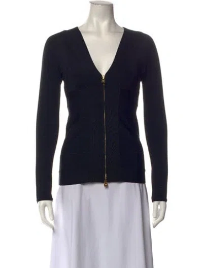 Pre-owned Herve Leger V-neck Long Sleeve Top In Black