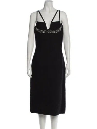 Pre-owned Herve Leger V-neck Midi Length Dress In Black
