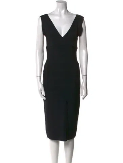 Pre-owned Herve Leger V-neck Midi Length Dress In Black