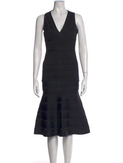 Pre-owned Herve Leger V-neck Midi Length Dress In Black