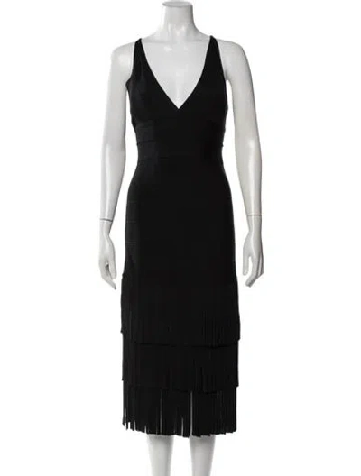 Pre-owned Herve Leger V-neck Midi Length Dress In Black