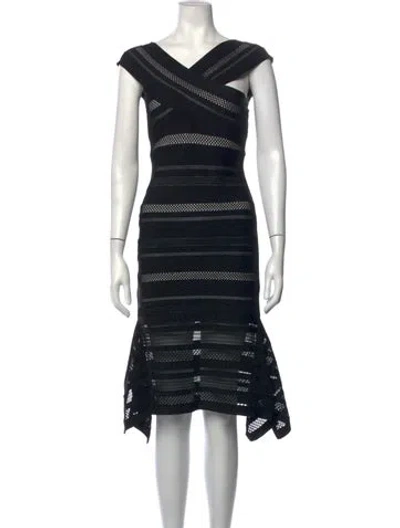 Pre-owned Herve Leger V-neck Midi Length Dress In Black