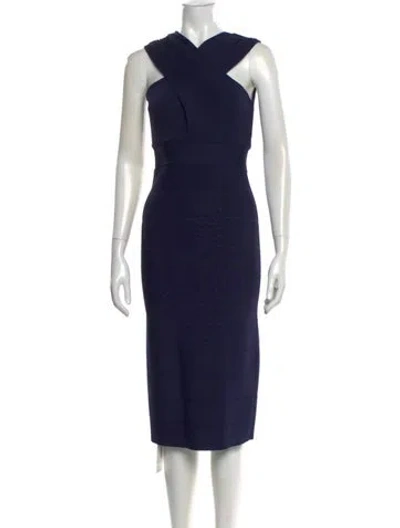 Pre-owned Herve Leger V-neck Midi Length Dress In Blue