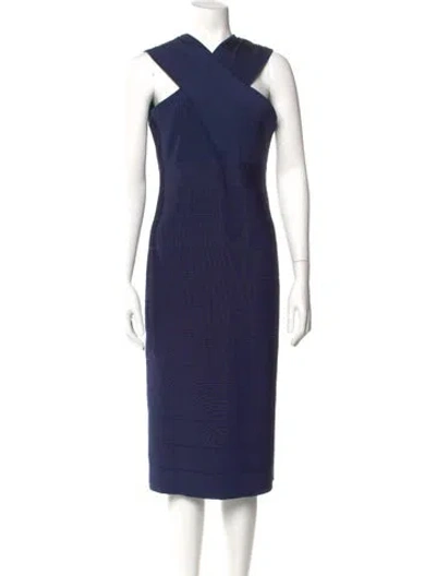 Pre-owned Herve Leger V-neck Midi Length Dress In Blue