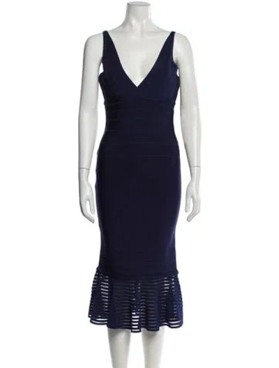Pre-owned Herve Leger V-neck Midi Length Dress In Blue