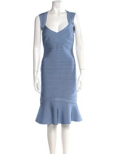 Pre-owned Herve Leger V-neck Midi Length Dress In Blue