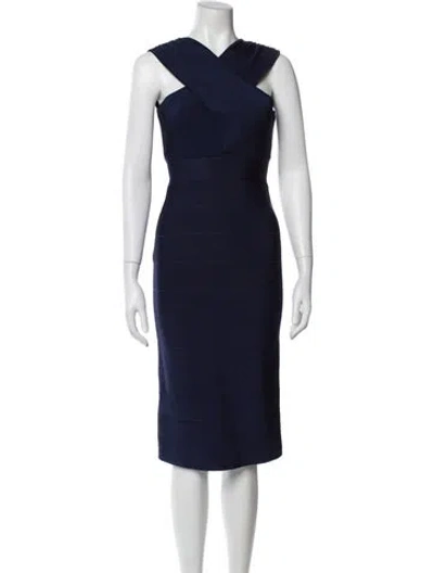 Pre-owned Herve Leger V-neck Midi Length Dress In Blue